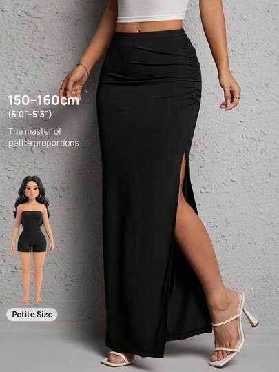 SHEIN PETITE Ruched Split Thigh Party Women Black Skirt