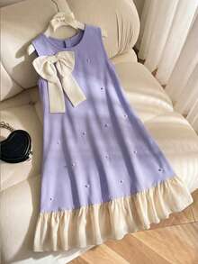 少女时尚可爱珍珠蝴蝶结无袖连衣裙 - 彩色 - 查看 6