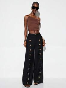 GENKIRA 黑色高腰宽松阔腿及地长裤，前部金属孔眼设计，朋克休闲百搭款 - 黑色 - 查看 4