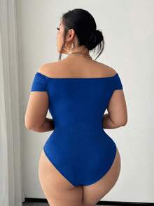 SHEIN SXY 大码女士性感露肩交叉褶皱连体衣，适合街头、休闲、性感、日常旅行、购物、约会等场合，穿着清爽舒适，易于搭配，显瘦，凸显身材，修饰身形。 - 藍色 - 查看 2