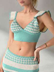 EURMUSE Women Top And Skirt Openwork Sweater Cover Up Set - Mint Green - View 7