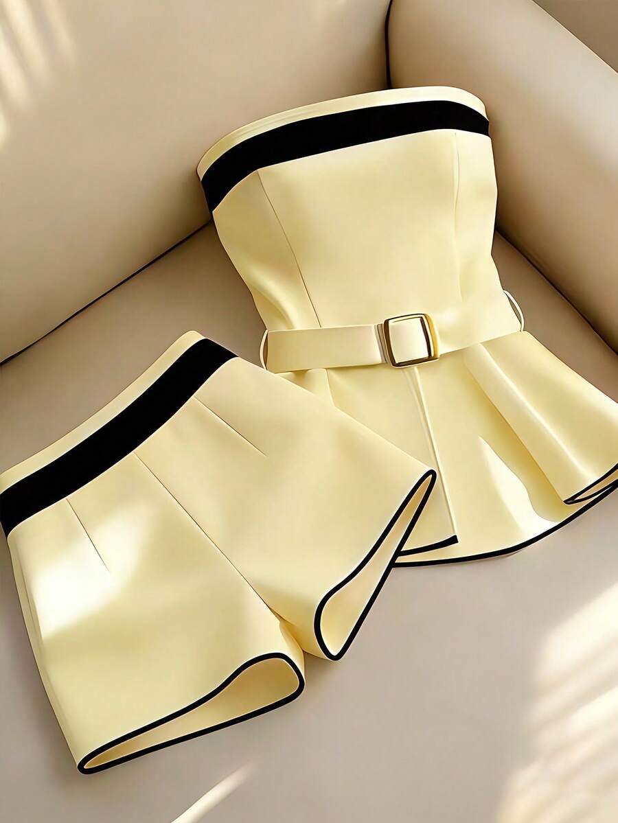 Franclia Women's Elegant Summer 2 Pieces Set Black And Yellow Contrast Color Belted Tube Top And Shorts Set,Casual Trim Date Brunch Clothes Two Piece Set - Light Yellow - View 1