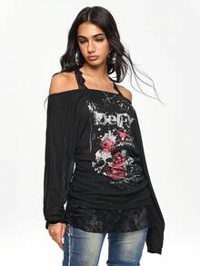 ROMWE Grunge Punk Áo ren cổ yếm trễ vai họa tiết đầu lâu phong cách punk lãng mạn dành cho nữ - màu đen - Xem 6