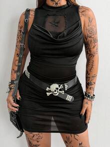 SHEIN Whyspr Plus Size Women Sleeveless Slim Fit Dark Goth Style Plunging Neckline Dress - Black - View 2