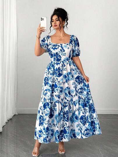 Elenzga Vestido de mujer con cuello cuadrado, mangas de pétalos y estampado floral elegante y romántico
