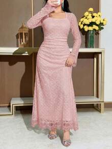 Feyla Rochie elegantă cu talie contrastantă din dantelă pentru femei, toamnă - Roz - Vizualizare 4