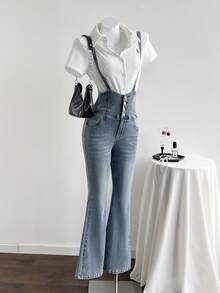 Elamini Women's Button Front Pocket Casual Flare Leg Denim Jumpsuit - Blue - View 5