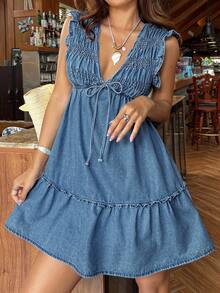 SHEIN Women's Denim Extra Long High Slit Dress - Blue - View 3