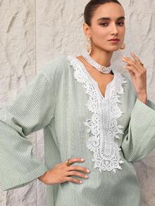 Al Najma 女士翻领条纹印花刺绣休闲长袖阿拉伯连衣裙 - 綠色 - 查看 8