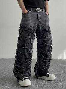 Manfinity Denimwave 男士休闲做旧毛边深灰色牛仔裤 - 黑色 - 查看 9
