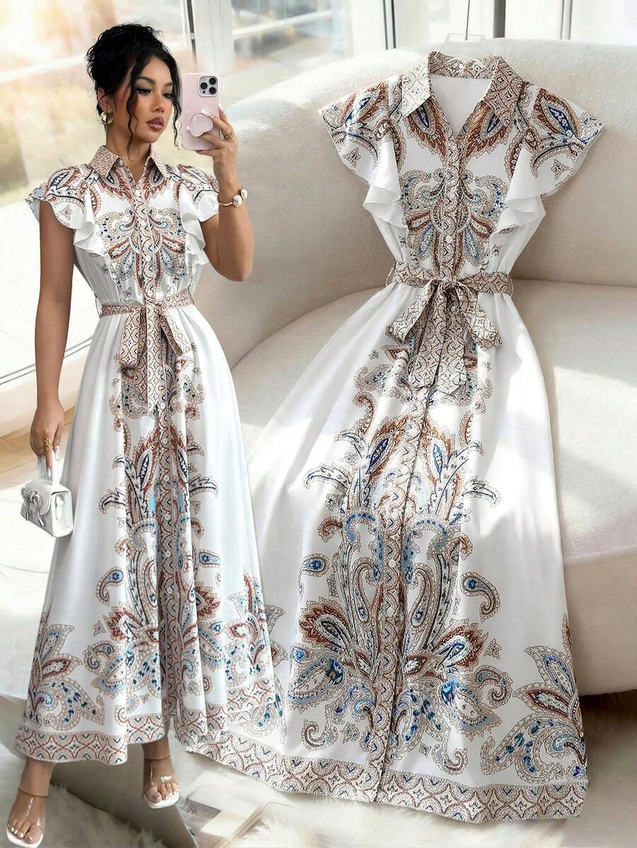 Elenzga 女士多色印花衬衫裙，系带腰身，喇叭下摆，泡泡袖，优雅百搭，适合情人节、复活节、劳动节、生日、约会、派对、正式场合、教师装、旅行、春夏穿着。 - 彩色 - 查看 1