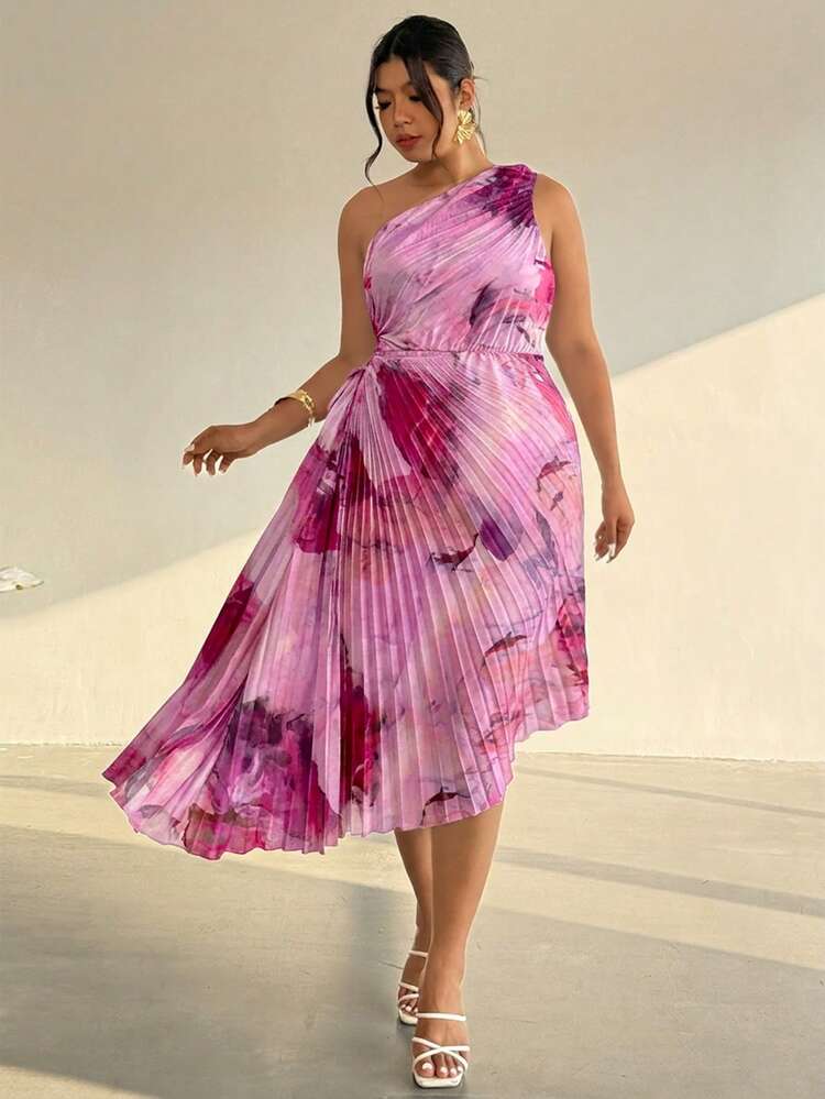 Firerie Plus Size Women's Fashion One-Shoulder Floral Print Pleated Dress - Pink - View 1