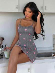 SHEIN 心形条纹印花女士吊带睡裙 - 彩色 - 查看 5