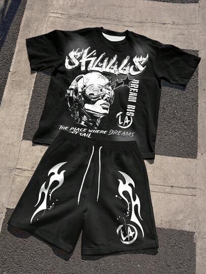 Manfinity EMRG Conjunto casual de camiseta de manga corta con estampado de letras y gráficos, y pantalones cortos con cordón en la cintura para hombre