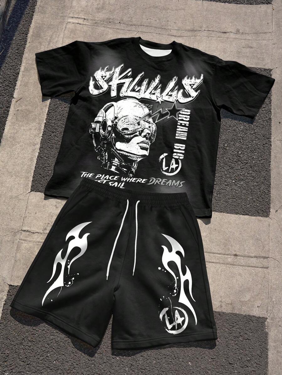 Manfinity EMRG 男士字母印花短袖T恤和抽绳腰短裤休闲套装 - 彩色 - 查看 1