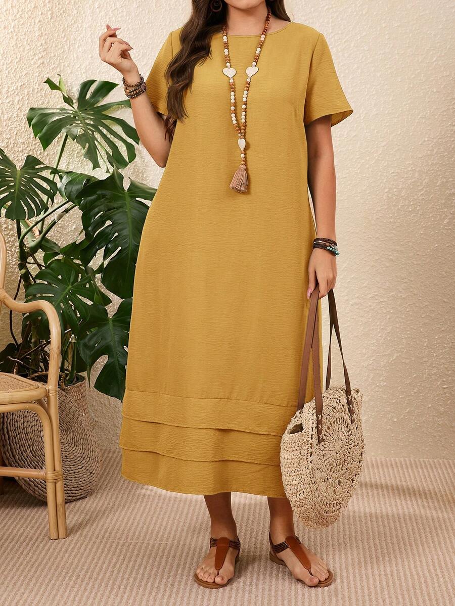 EMERY ROSE Plus Size Solid Color Short Sleeve Casual Vacation Dress Spring Outfits For Women Vacation Country Sage Green - Mustard Yellow - View 1