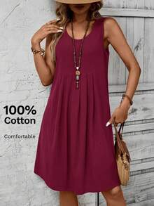 EMERY ROSE Đầm dự tiệc dáng suông cổ tròn xếp ly màu trơn dành cho nữ cỡ lớn, thích hợp cho mùa hè. - Màu Đỏ Sâu - Xem 1