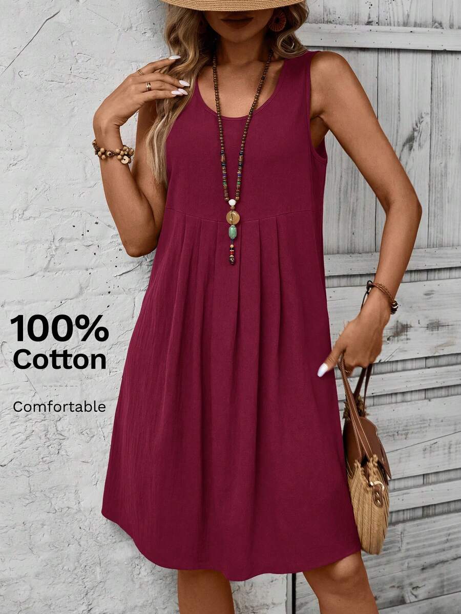 EMERY ROSE Đầm dự tiệc dáng suông cổ tròn xếp ly màu trơn dành cho nữ cỡ lớn, thích hợp cho mùa hè. - Màu Đỏ Sâu - Xem 1