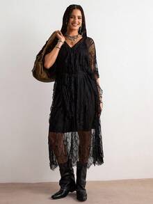 Freevana 波西米亚风春夏新款音乐节蕾丝薄纱连衣裙，V领荷叶边宽松罩衫，层叠度假风优雅长裙 - 黑色 - 查看 3