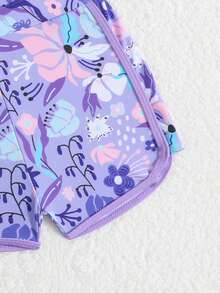 SHEIN 女童碎花紫色弹力面料连体泳衣带短裤，两件套 - 紫色 - 查看 4