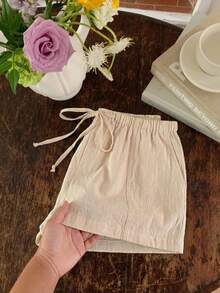 Comfortcana Women's Casual Loose Drawstring Solid Color Shorts, Versatile Daily Wear Khaki Linen Spring/Summer Beach For Women Summer - Khaki - View 8