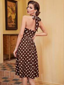 Vintamour 波点印花褶皱前开襟露背吊带连衣裙夏季女装长裙复古连衣裙红色 - 棕色 - 查看 2