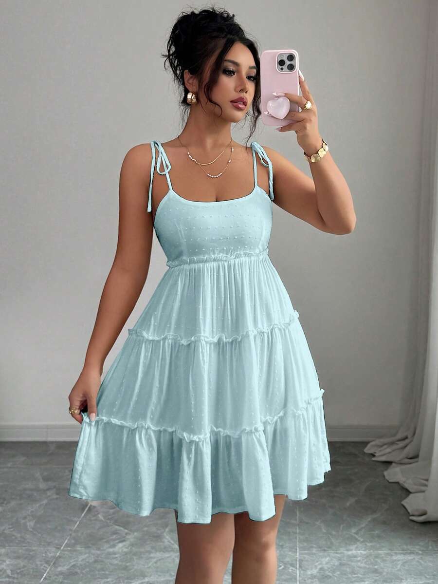 Elenzga Đầm hai dây viền bèo chấm bi Thụy Sĩ, trang phục đi biển cho nữ. - Màu xanh nhạt - Xem 1