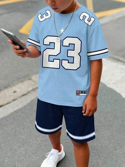 2pcs/Set Casual Minimalist Classic Color Block, Number 23 & Star Print, Sports Style, Y2K, Loose Comfortable Short Sleeve T-Shirt And Shorts Set, Suitable For Spring/Summer, Street Style, Running, Basketball, Football