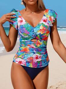 Swim Lushoire Lushore-D 女士荷叶边印花三角比基尼上衣和下装 - 彩色 - 查看 1