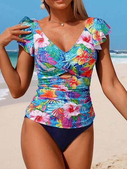 Swim Lushoire Lushore-D 女士荷叶边印花三角比基尼上衣和下装