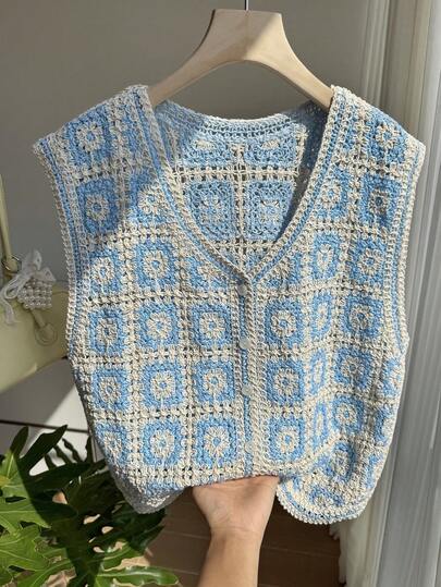 Comfortcana 女士V领碎花单排扣休闲百搭日常针织背心