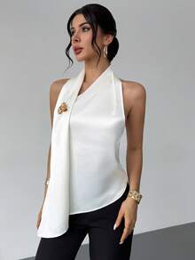 Rafferiza Elegant Sexy Metal Decor Backless Halter Neck Blouse For Summer Golf White - Beige - View 4