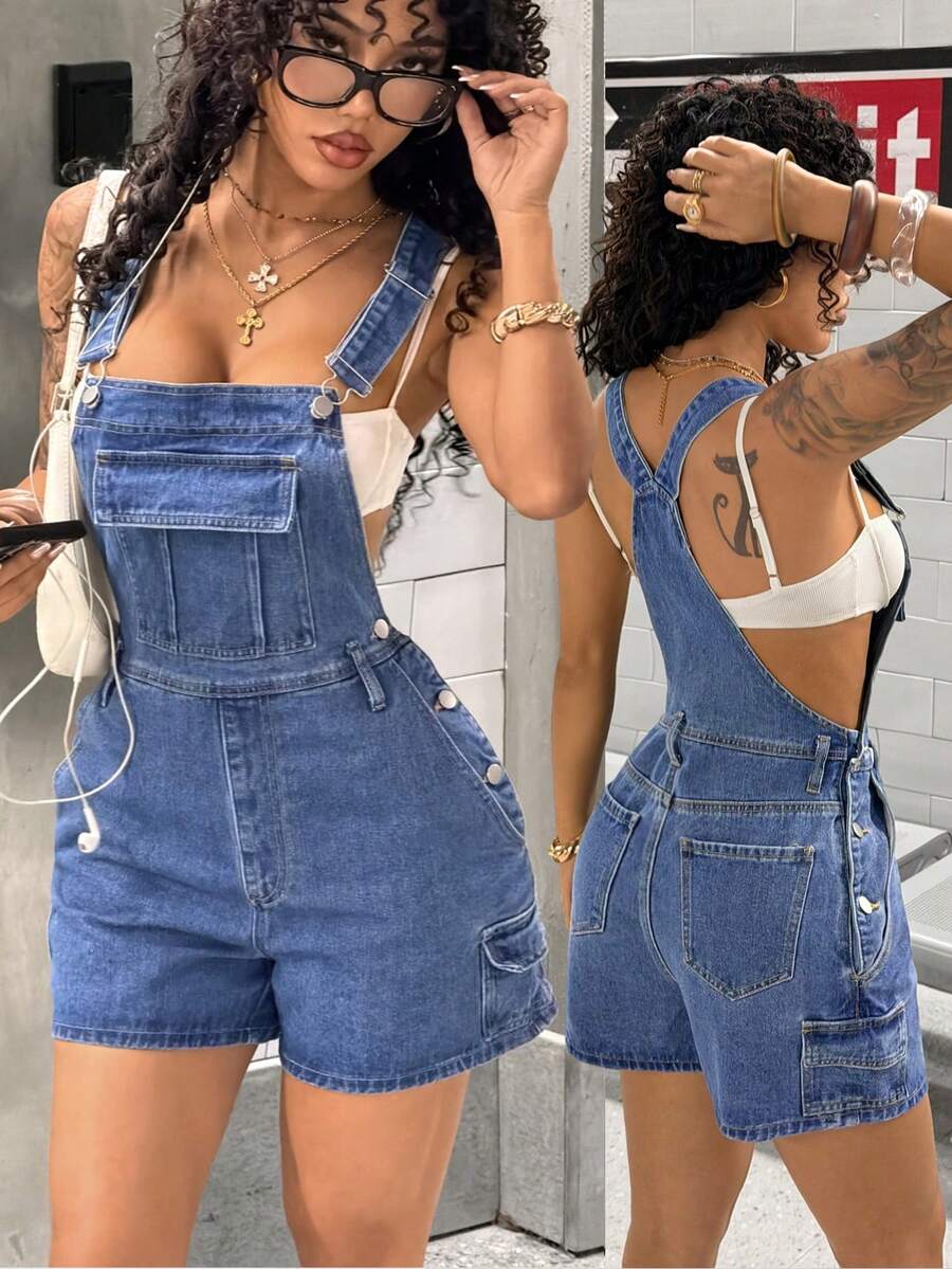 StreetHx Fashionable Casual Street Style Denim Bib Shorts - Medium Wash - View 1