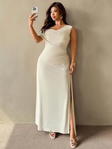 Auralis Nuevo vestido de verano sin mangas con hombro asimétrico, fruncido, hombro inclinado, abertura alta en color albaricoque para temporada de bodas / Vestido elegante moderno de talla grande para uso diario / Vestido de oficina - Albaricoque - Ver 1