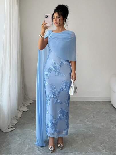 SHEIN Raffinéa Mesh Floral Print Bodycon Capelet Maxi Dress, Women's Summer Party Gown
