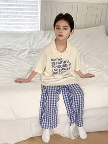 Dazy Kids Set Piyama Musim Panas untuk Anak Laki-Laki Usia 10-12 Tahun: Atasan Lengan Pendek dengan Motif Slogan dan Celana Kotak-kotak - Aprikot - View 5