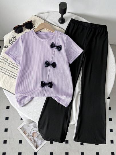 SHEIN 2pcs/Set Tween Girls Cute Fashion Casual Black Bow Decor Textured Waffle Short Sleeve T-Shirt T-Shirt + Black Slim Elegant Flare Pants Outfit