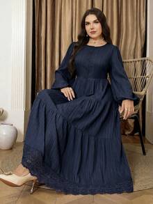 Veilorie Plus Size Elegant Commuter Solid Color Lace Patchwork Dress - Navy Blue - View 6