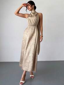 Firerie Women's Elegant Metal Texture Solid Color Halter Neck Dress - Gold - View 6