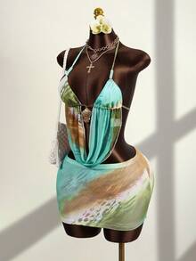 Zestiva Conjunto de ropa de mujer para festival de música bohemio, disfraz de fiesta de rock, ropa de playa de verano, disfraz de Halloween, atuendo de Acción de Gracias, vestido elegante de fiesta, atuendo sexy de lujo para discoteca, conjunto de ropa para fiesta de piscina, top corto con teñido anudado y decoración de cuentas con minifalda sexy - Multicolor - Ver 7