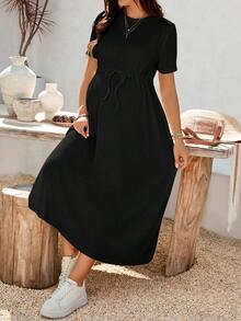 SHEIN 孕妇休闲度假风日常通勤收腰短袖连衣裙，夏季 - 黑色 - 查看 6