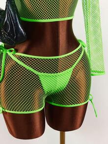 Amplova 女士性感四件套：比基尼上衣、镂空长袖衫、镂空短裤，适合音乐节、海滩度假等场合。 - 綠色 - 查看 6