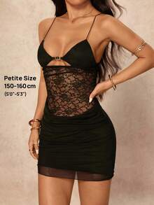 SHEIN PETITE Đầm ôm body mini hở lưng khoét sâu ren gợi cảm mới cho buổi tiệc, váy mùa hè dành cho nữ - màu đen - Xem 8