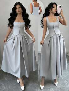 Rafferiza Bộ đồ 2 mảnh thời trang dành cho nữ: áo vest không tay cổ vuông cài một hàng khuy và chân váy xếp ly xòe, đa năng cho mặc hàng ngày. - Xám - Xem 1