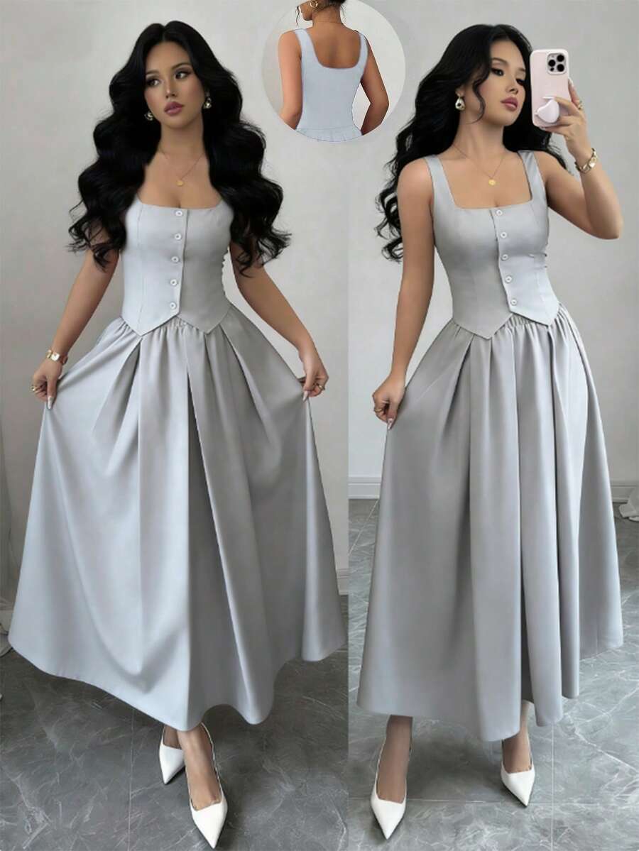 Rafferiza Bộ đồ 2 mảnh thời trang dành cho nữ: áo vest không tay cổ vuông cài một hàng khuy và chân váy xếp ly xòe, đa năng cho mặc hàng ngày. - Xám - Xem 1