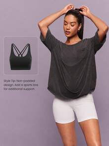 GLOWMODE Vintage Washed Pima Cotton Twist Back Ultra-Soft Stretchy Breathable Mid-Length Sleeves Front Pocket Crewneck Tee Low-Impact Daily Casual Wear - Dark Grey - View 5