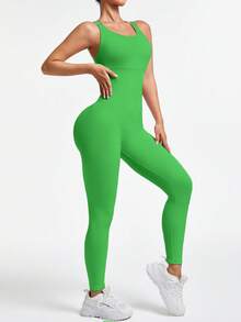SHEIN Sports 女士纯色交叉露背修身连体裤 - 綠色 - 查看 4