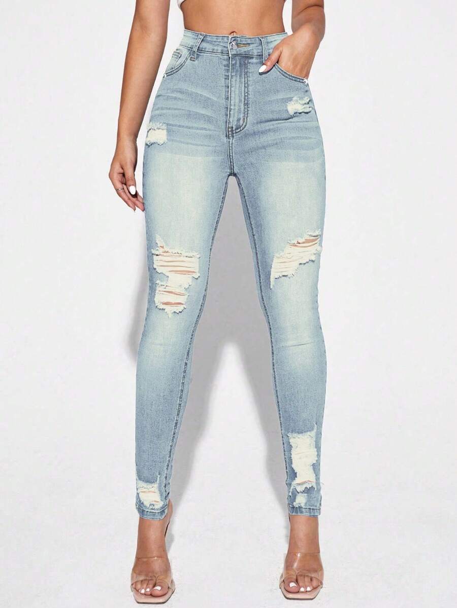 SHEIN Tall Women's Casual Everyday Washed Distressed Skinny Jeans Jeans High Waist Jeans Ripped Jeans Distressed Jeans Cute Jeans - Light Wash - View 1
