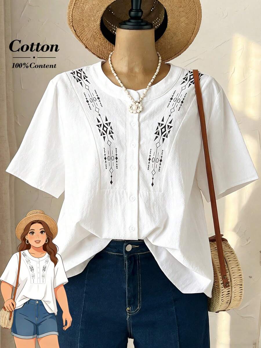 Rusticease White And Black Retro Pattern Printed White Casual Women Short Sleeve Blouse, Spring/Summer Cotton100% Summer Outfits For Women Spring Clothes Women  Party Top Elegant Women's Blouses Casual Blouse For Women  Holiday Outfits For Women Women's Dress Shirt - White - View 1