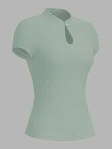 Vintamour 复古优雅女士T恤，春夏修身针织镂空小立领短袖上衣，浅杏色，休闲/通勤/度假返校服/教师服/秋季服装/音乐会女装/校园装/外出上衣/复古美学女式修身T恤 - 薄荷綠 - 查看 6